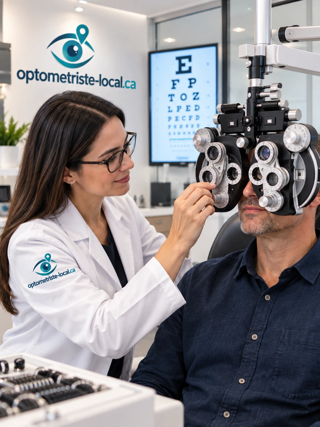 Optométriste effectuant une réfraction au phoroptère